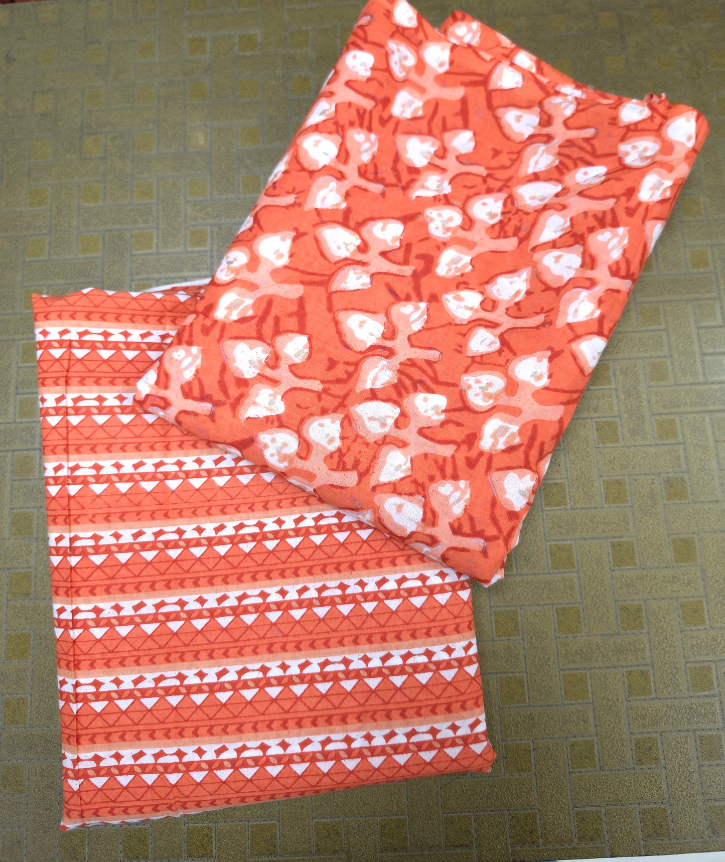 Premium Coral Orange Cotton Suit Set with Printed Bottom