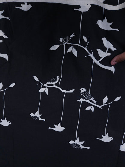 Black With White Bird Printed Cotton Fabric