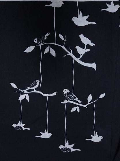 Black With White Bird Printed Cotton Fabric