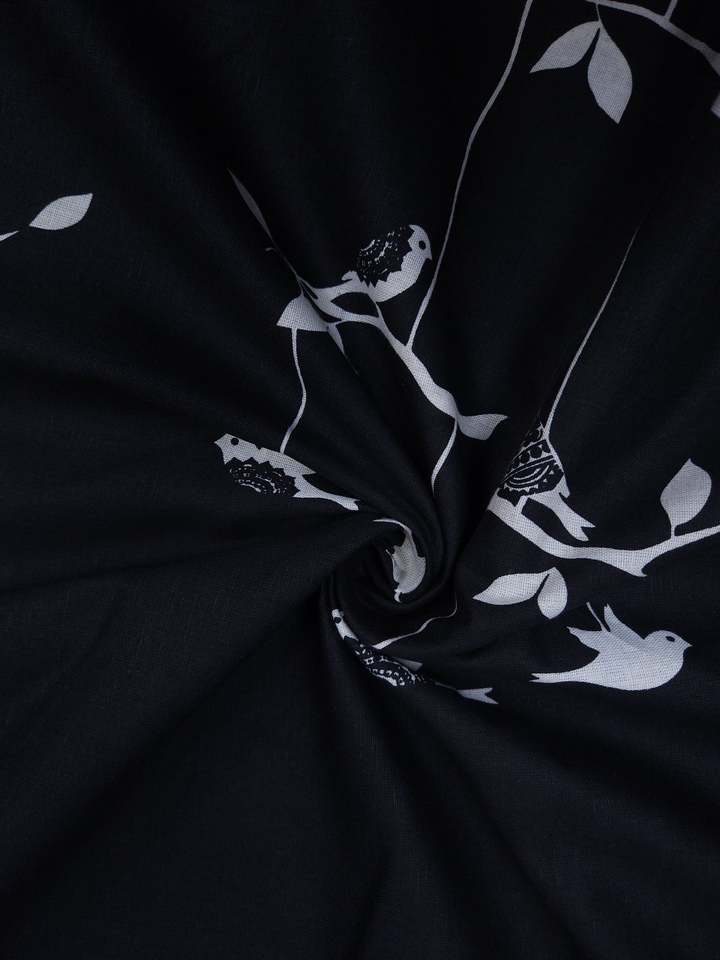 Black With White Bird Printed Cotton Fabric