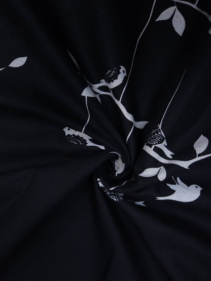 Black With White Bird Printed Cotton Fabric