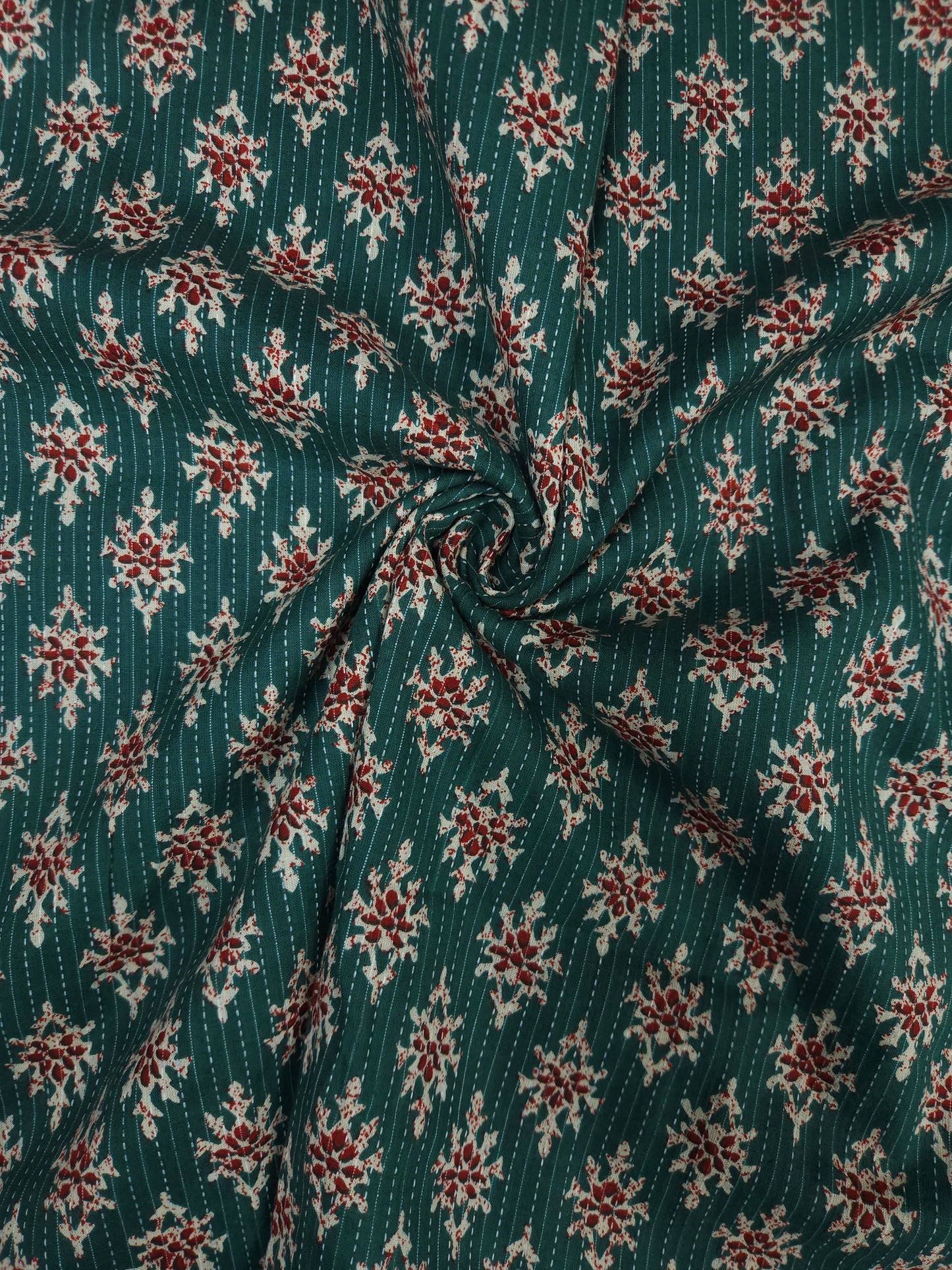 Froest Green Floral With Kantha Cambric Cotton