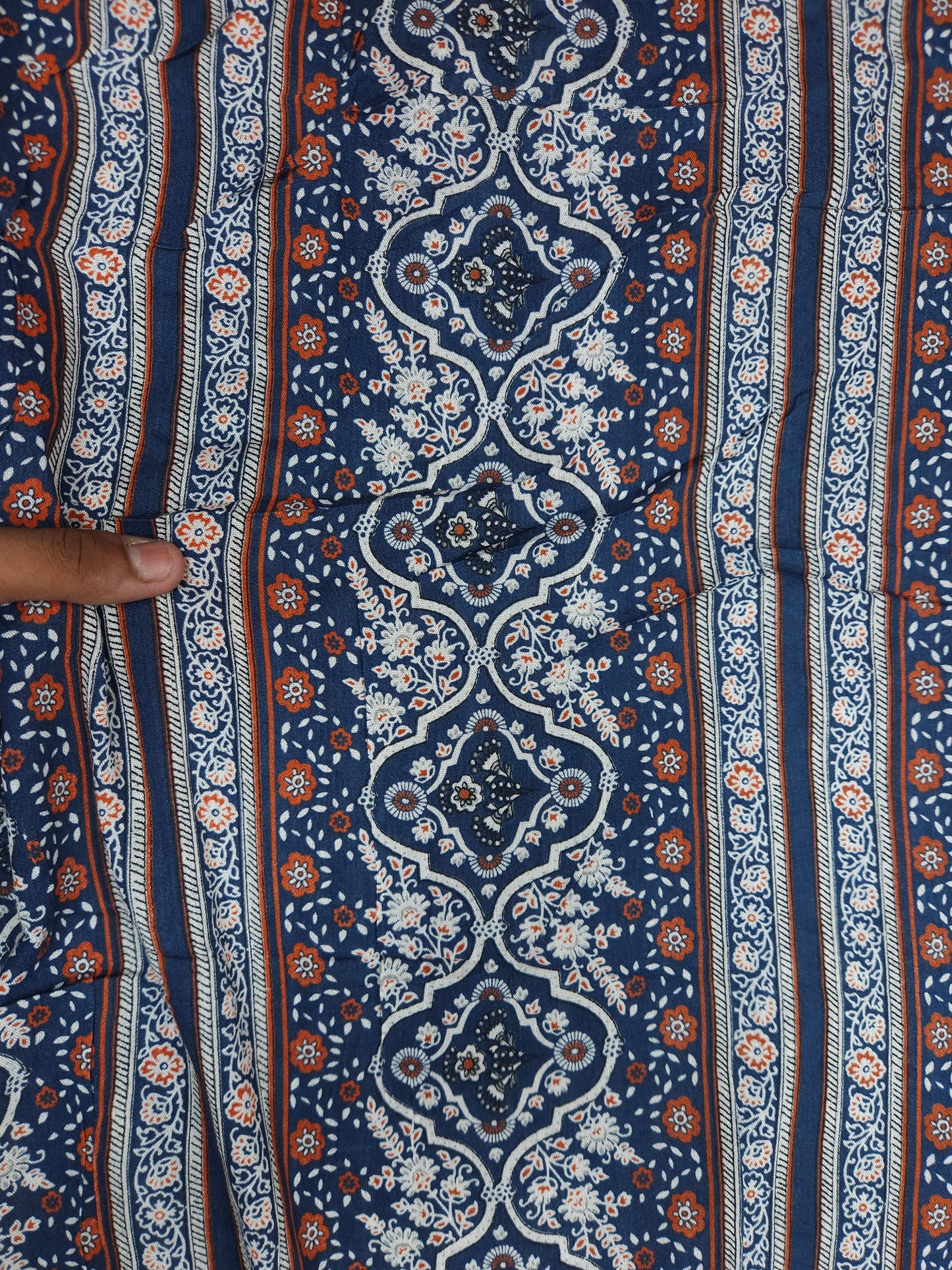 Blue Ethnic Floral Stripe Cotton Fabric