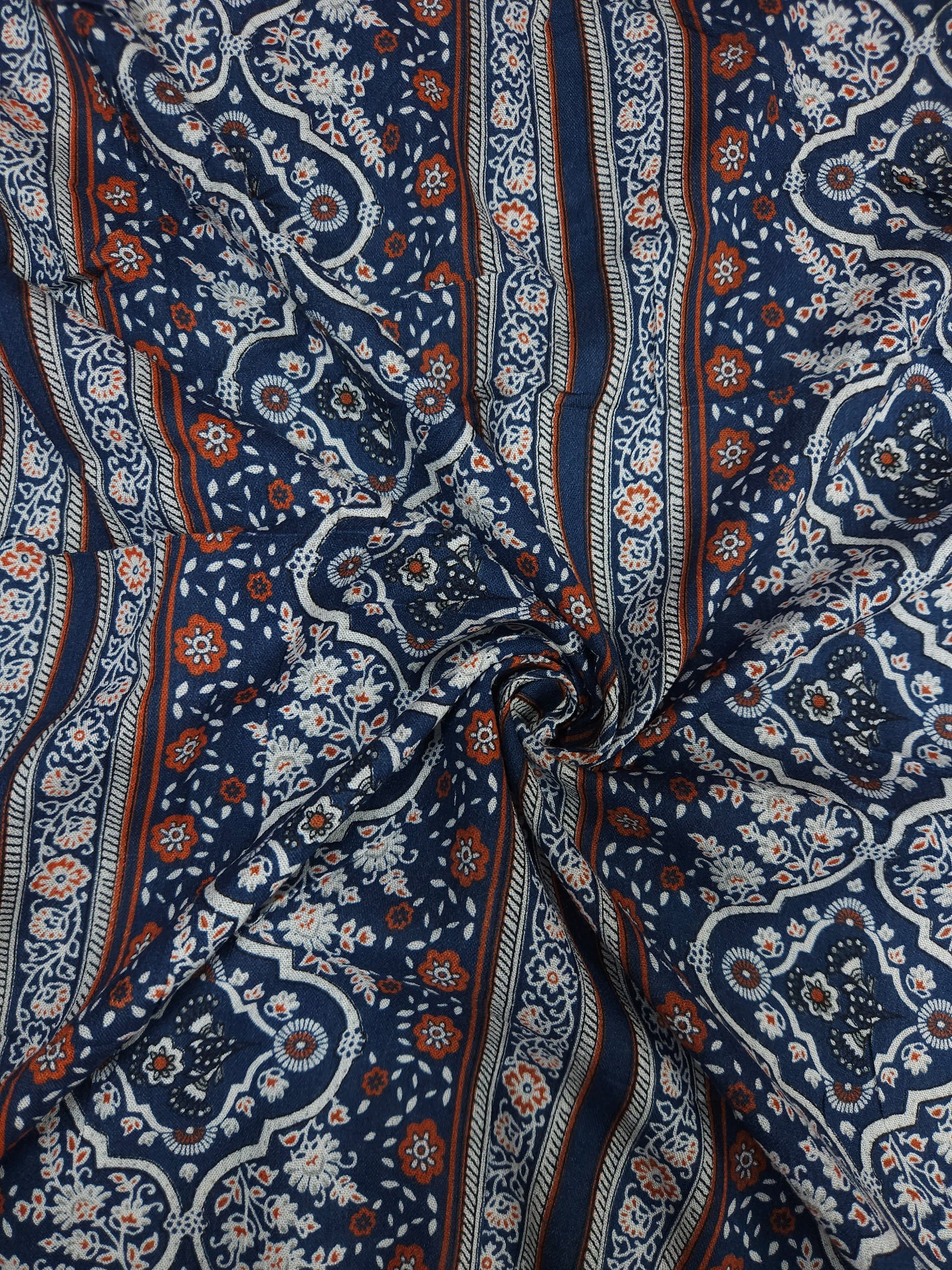 Blue Ethnic Floral Stripe Cotton Fabric