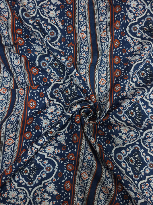 Blue Ethnic Floral Stripe Cotton Fabric
