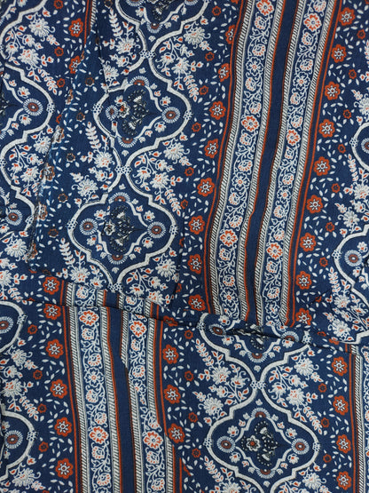 Blue Ethnic Floral Stripe Cotton Fabric