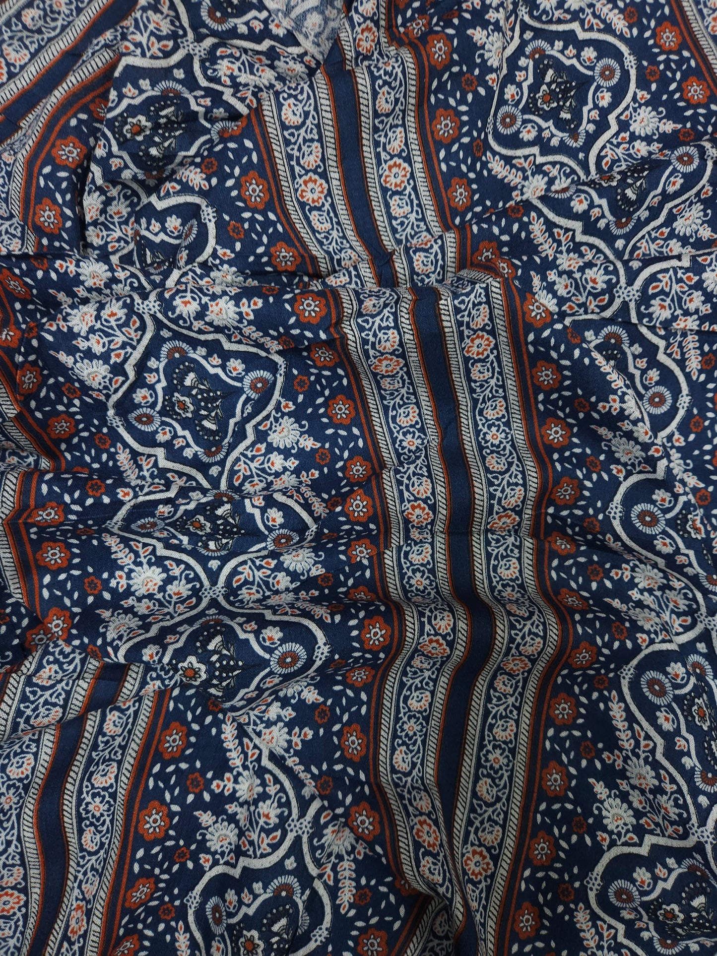 Blue Ethnic Floral Stripe Cotton Fabric