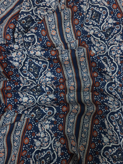 Blue Ethnic Floral Stripe Cotton Fabric