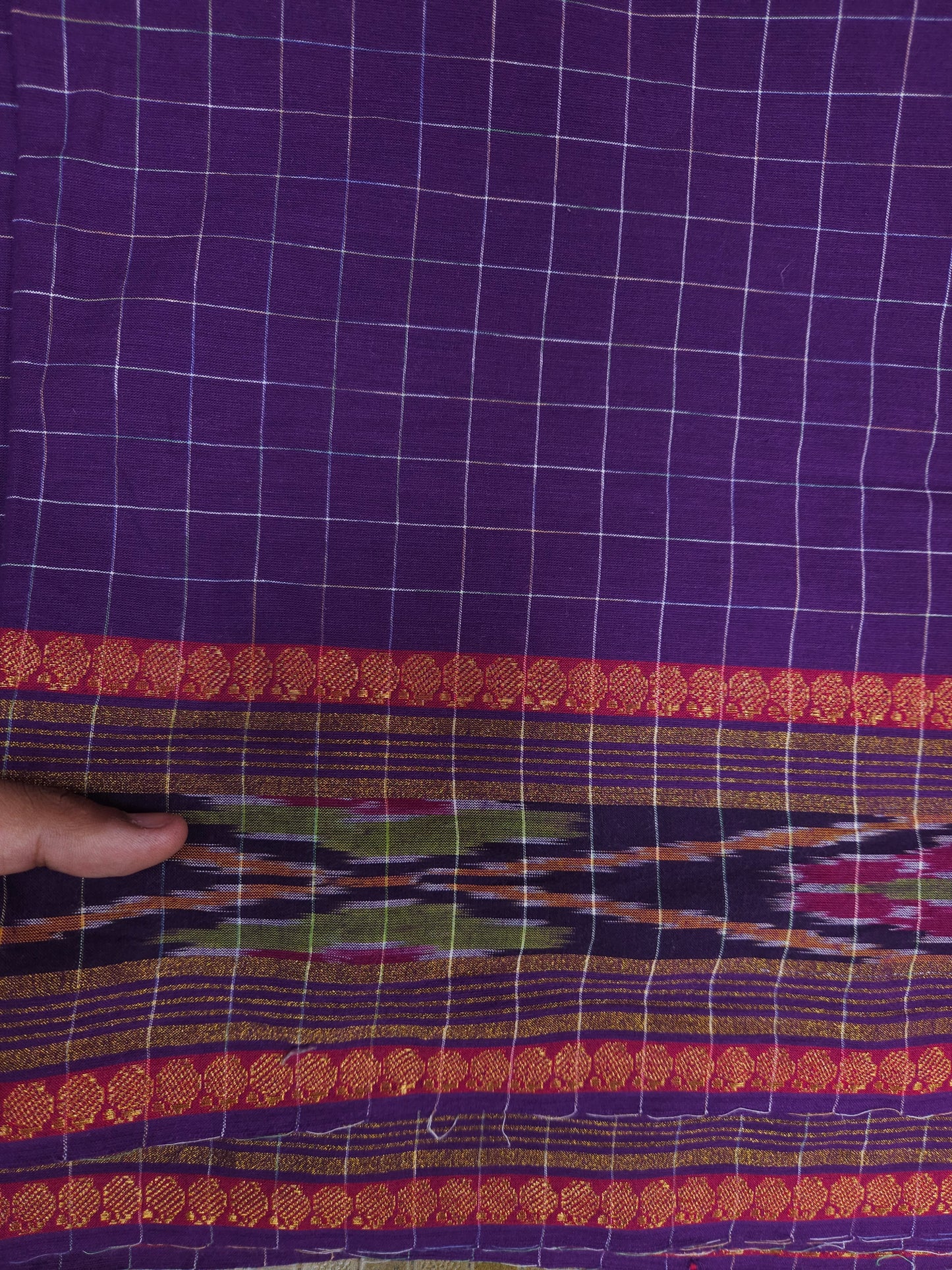Purple Checked Cotton Fabric with Traditional Border