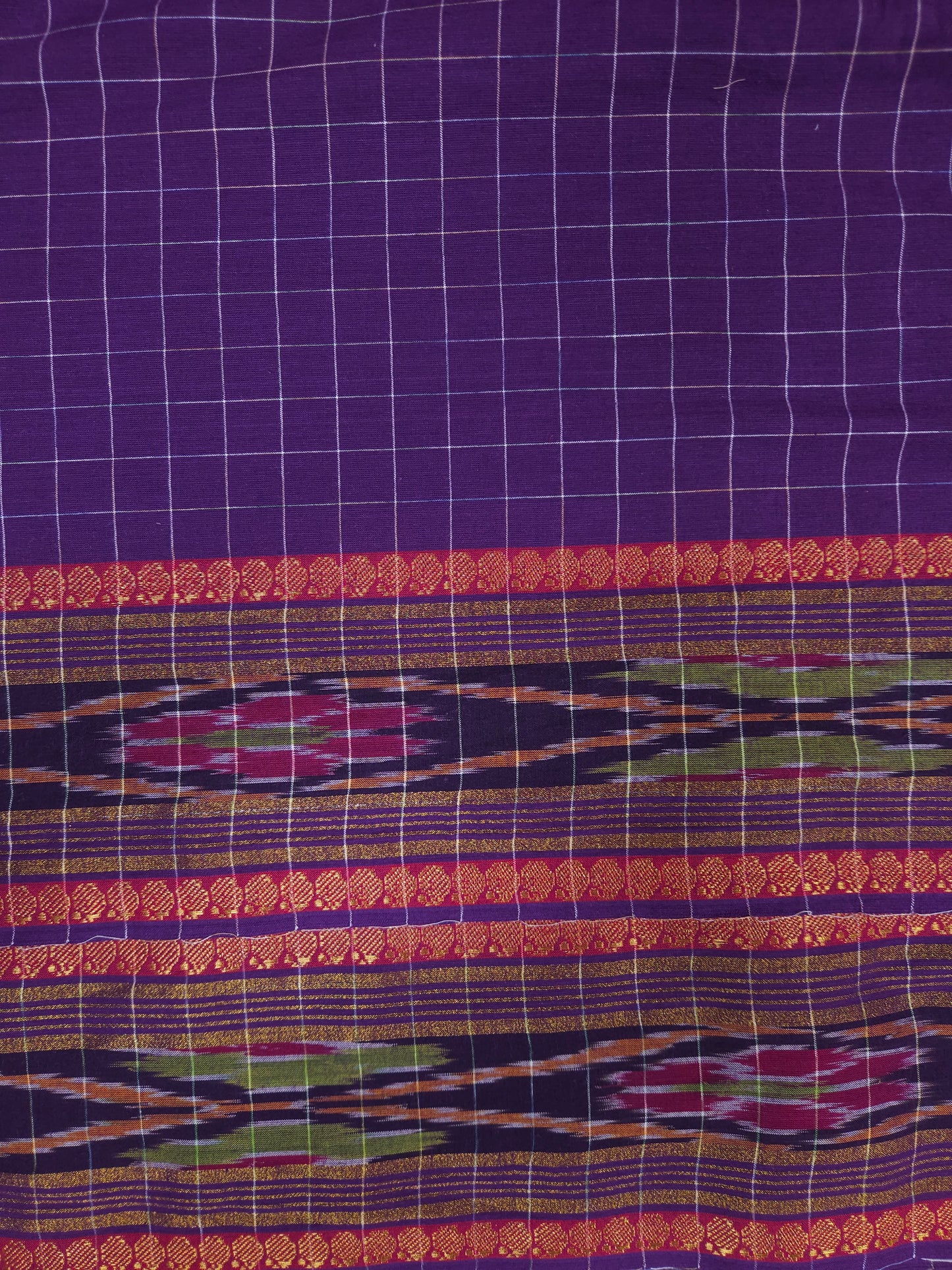 Purple Checked Cotton Fabric with Traditional Border