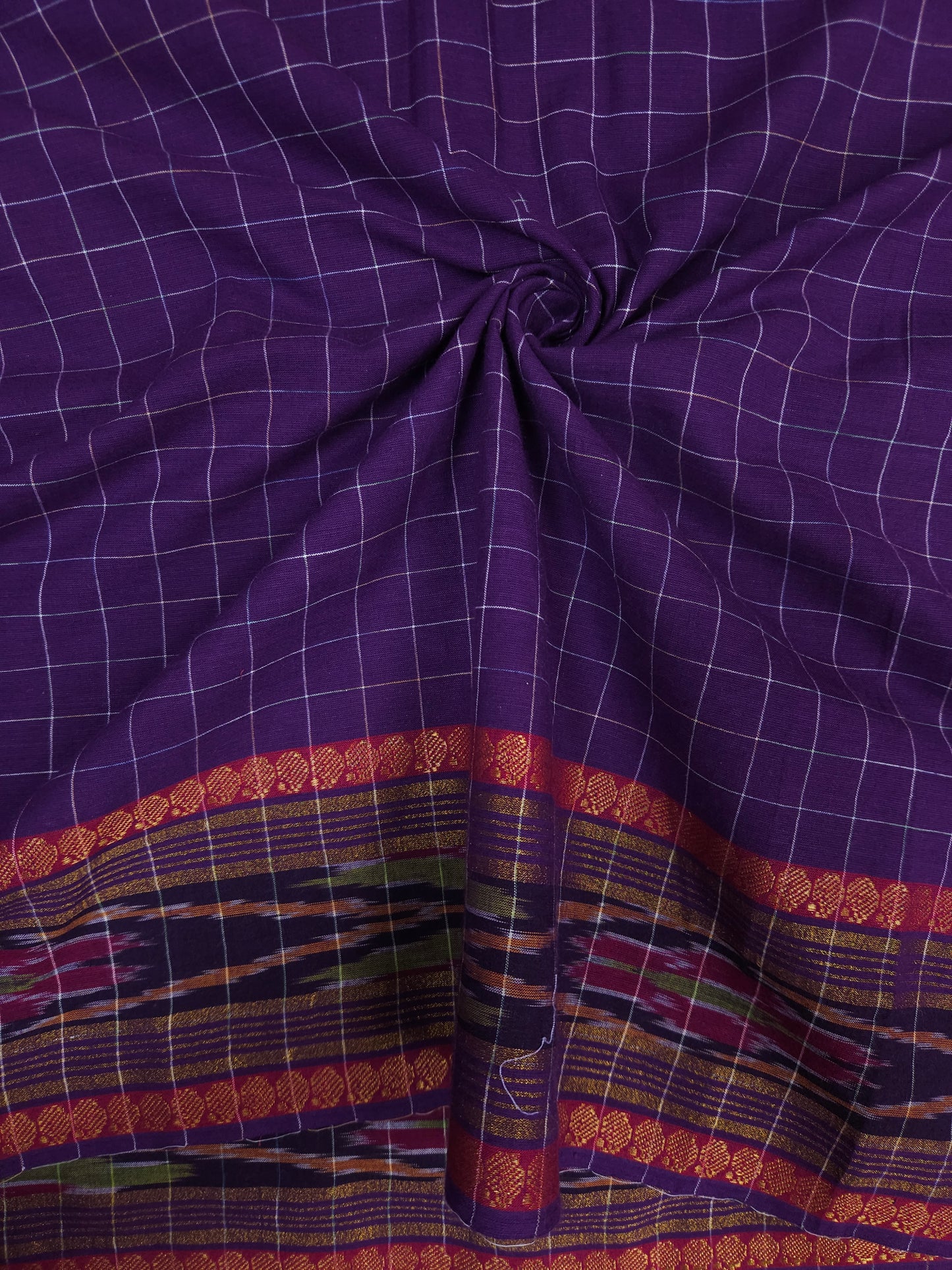 Purple Checked Cotton Fabric with Traditional Border