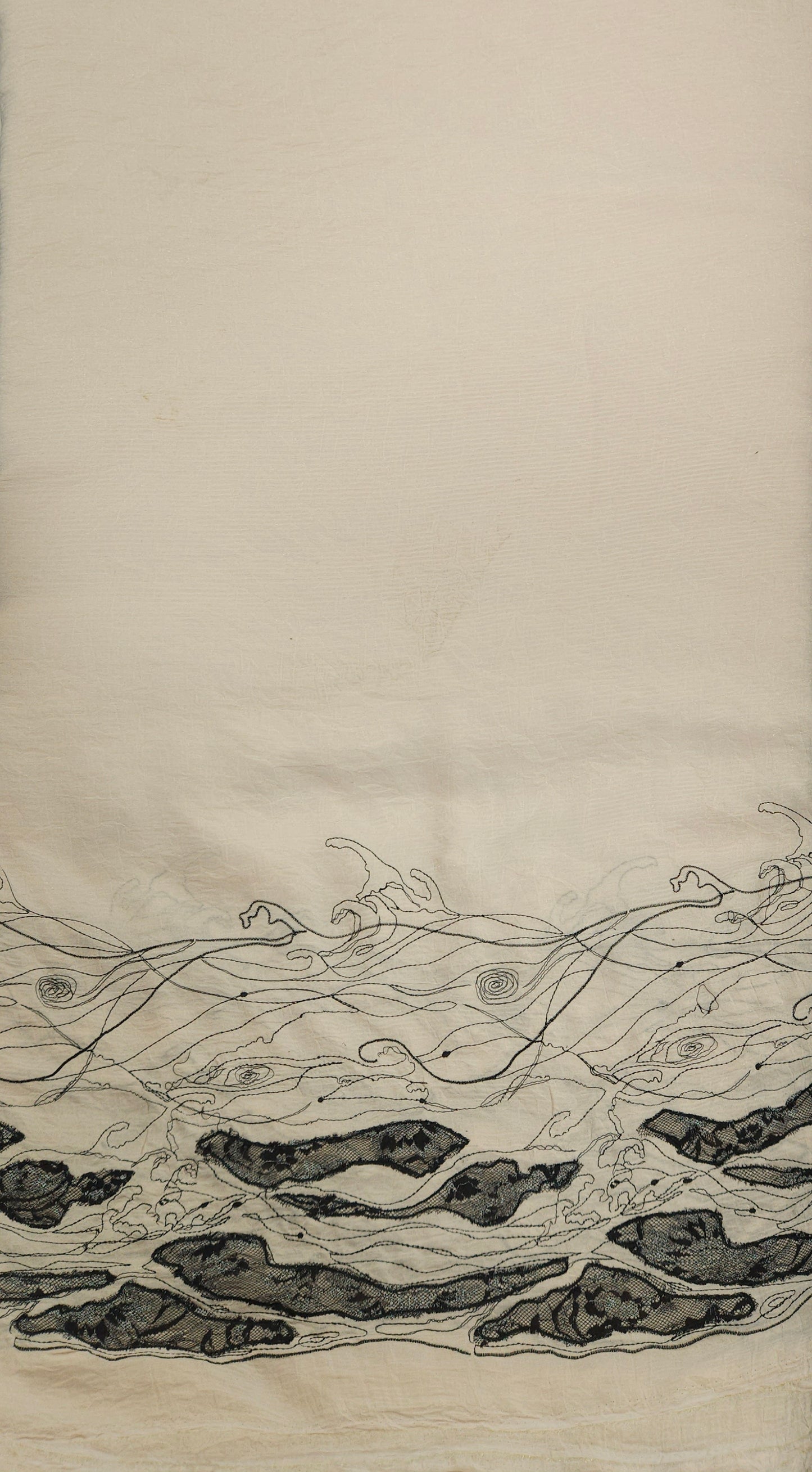 Imported Off White Georgette Thread Work Fabric with Black Border