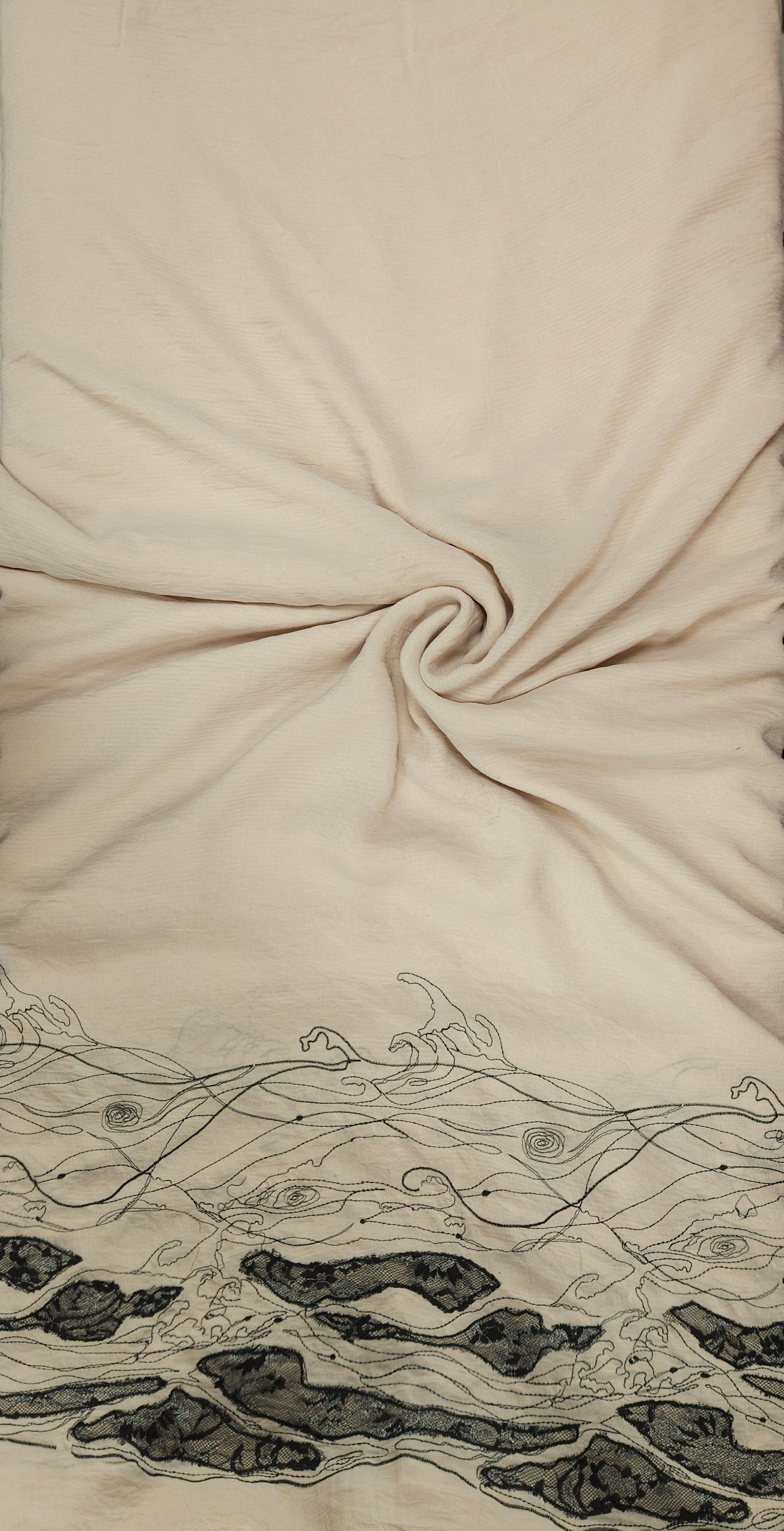 Imported Off White Georgette Thread Work Fabric with Black Border