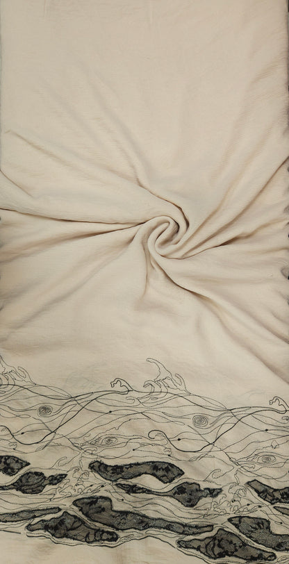 Imported Off White Georgette Thread Work Fabric with Black Border