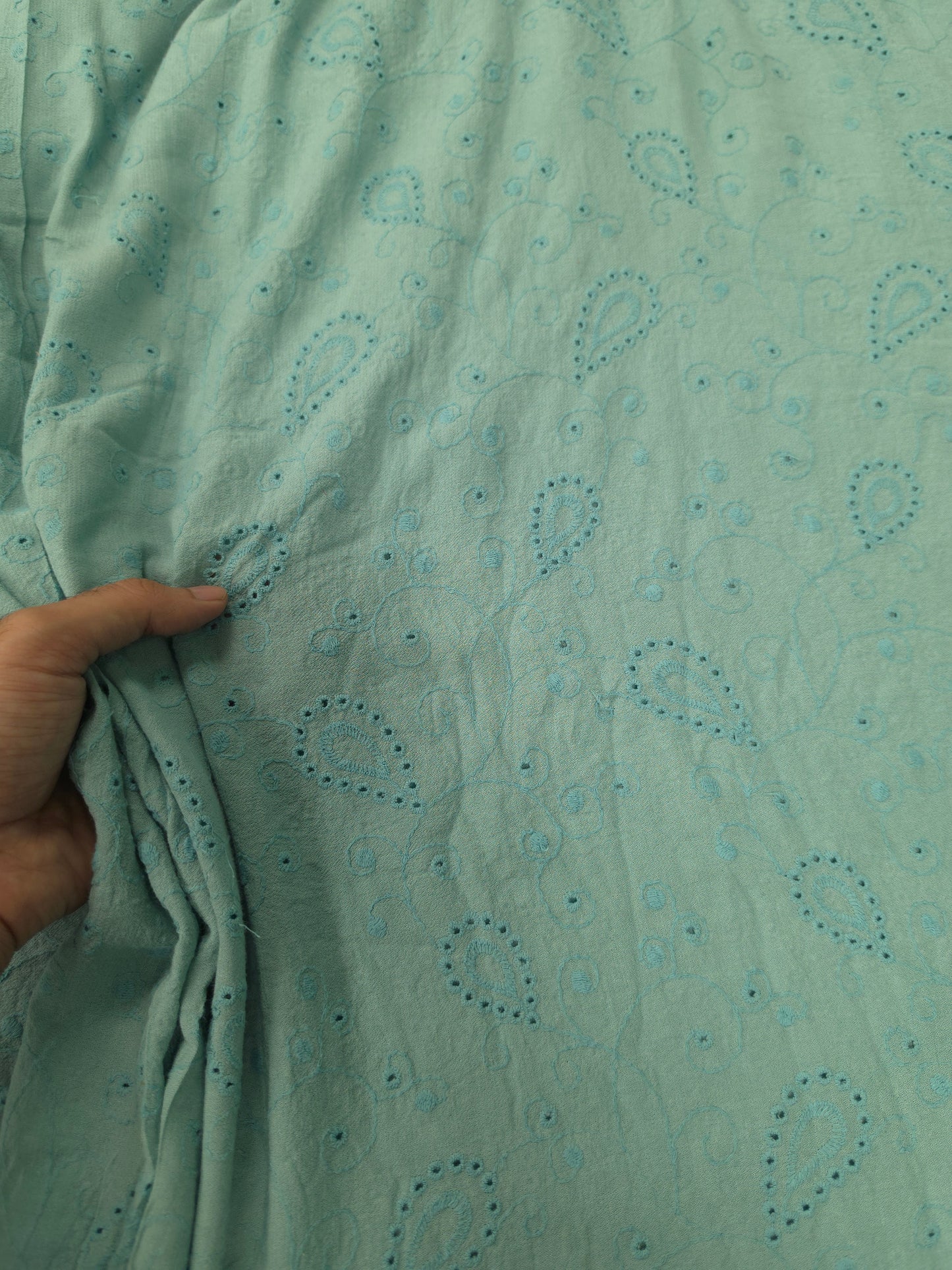 Sky Blue Modal Rayon Embroidered Over All Schiffli Fabric