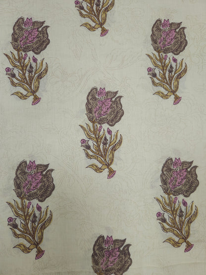 Lavender Floral Printed Cotton Suit Set with Jacquard Bottom