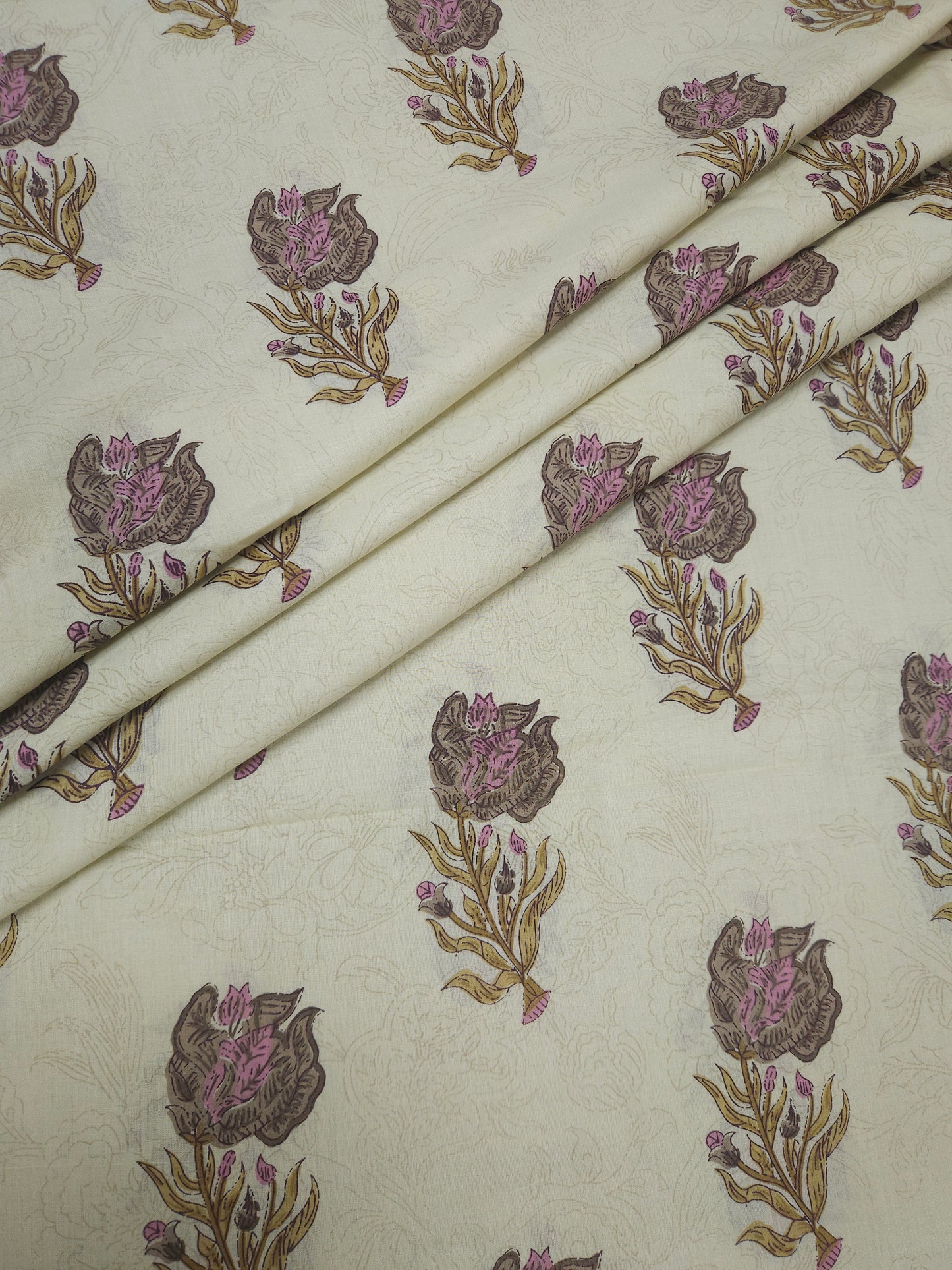Lavender Floral Printed Cotton Suit Set with Jacquard Bottom