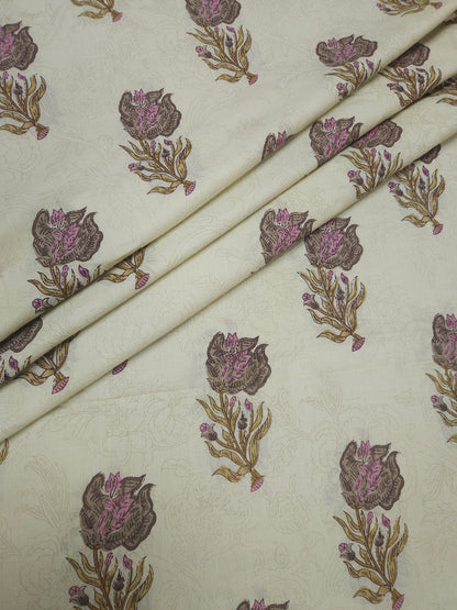 Lavender Floral Printed Cotton Suit Set with Jacquard Bottom