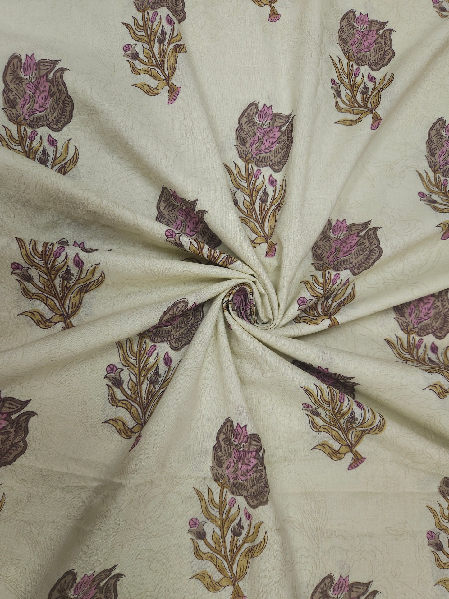 Lavender Floral Printed Cotton Suit Set with Jacquard Bottom