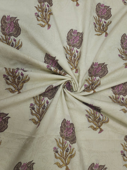 Lavender Floral Printed Cotton Suit Set with Jacquard Bottom
