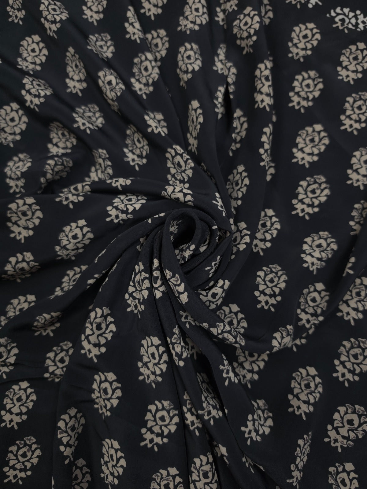 Premium Black Ivory Ethnic Buti Print Crepe Fabric 60 Inch Width