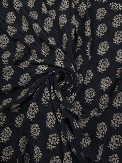 Premium Black Ivory Ethnic Buti Print Crepe Fabric 60 Inch Width