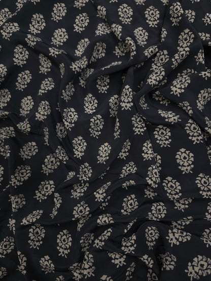 Premium Black Ivory Ethnic Buti Print Crepe Fabric 60 Inch Width