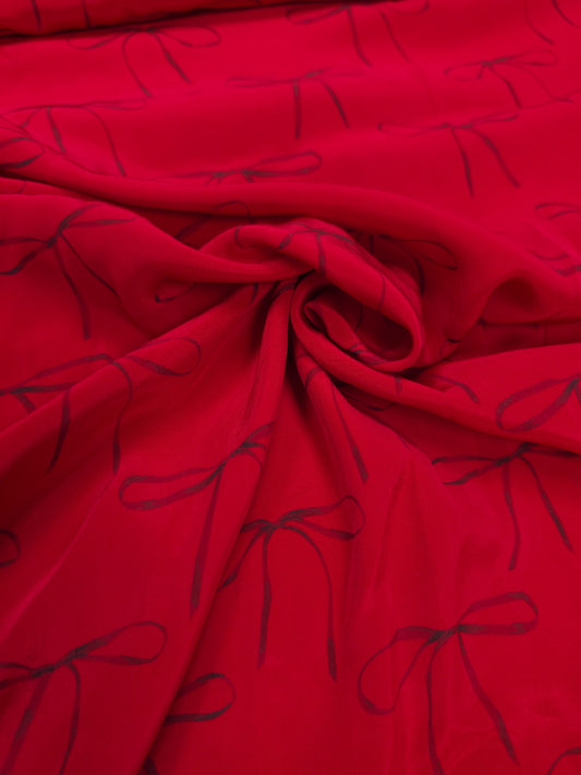Designer Red Bow Print Crepe Fabric 60 Inch Wide