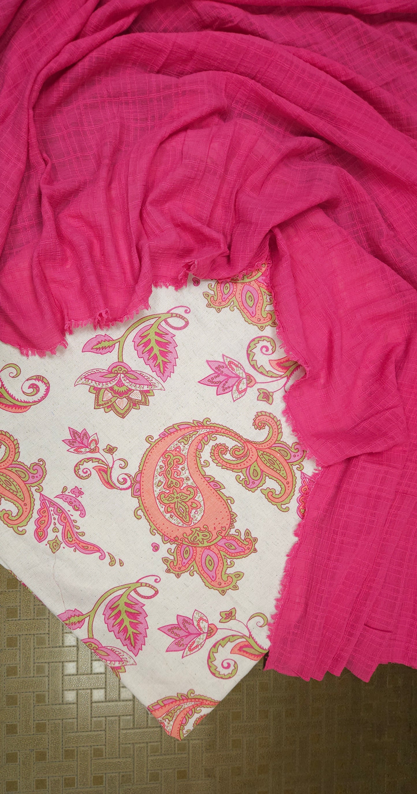 Multicolour Printed Cotton Linen Bottom Suit Set With Kota Check Dupatta