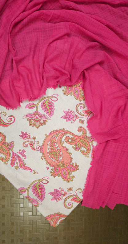 Multicolour Printed Cotton Linen Bottom Suit Set With Kota Check Dupatta