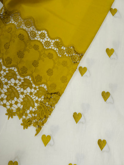 Mustard Yellow Heart Embroidery Cotton Suit Set | 44 Inch Width