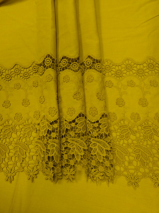 Mustard Yellow Border Embroidery Cotton Fabric | 44 Inch Width