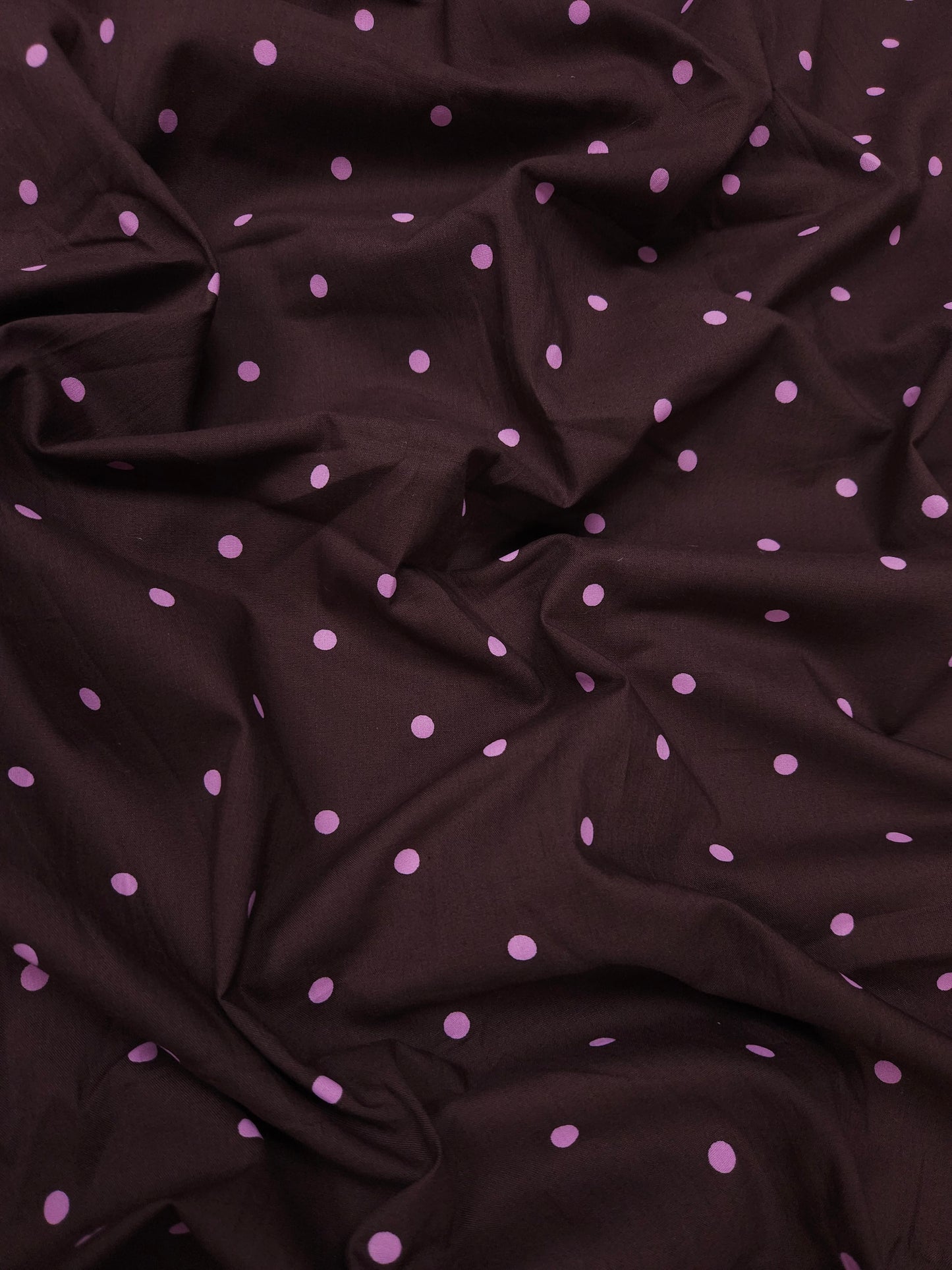 Chocolate Brown Poplin Cotton with Pink Polka Dots – 60" Wide