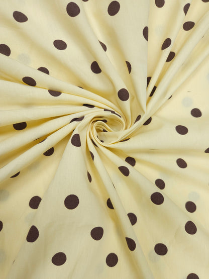 Butter Yellow & Brown Polka Dot Poplin Cotton Fabric