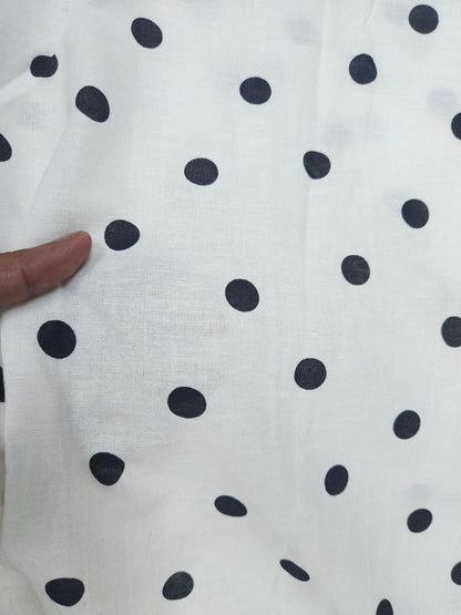 White Pure Linen Fabric with Classic Black Polka Dots