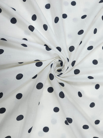 White Pure Linen Fabric with Classic Black Polka Dots