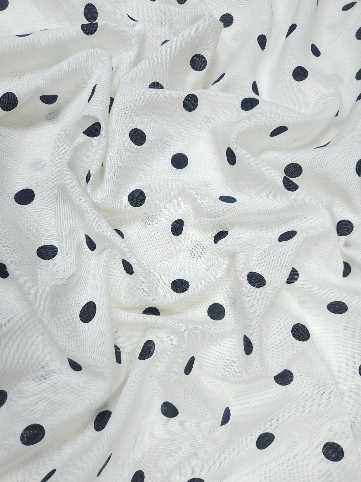 White Pure Linen Fabric with Classic Black Polka Dots