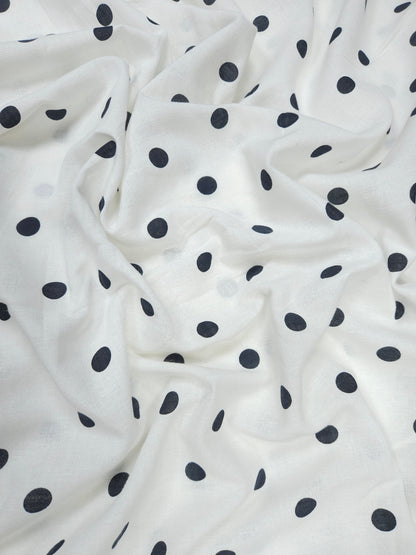 White Pure Linen Fabric with Classic Black Polka Dots