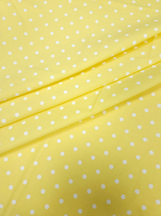 Yellow Cambric Cotton Fabric with White Polka Dot Print
