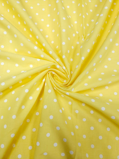Yellow Cambric Cotton Fabric with White Polka Dot Print