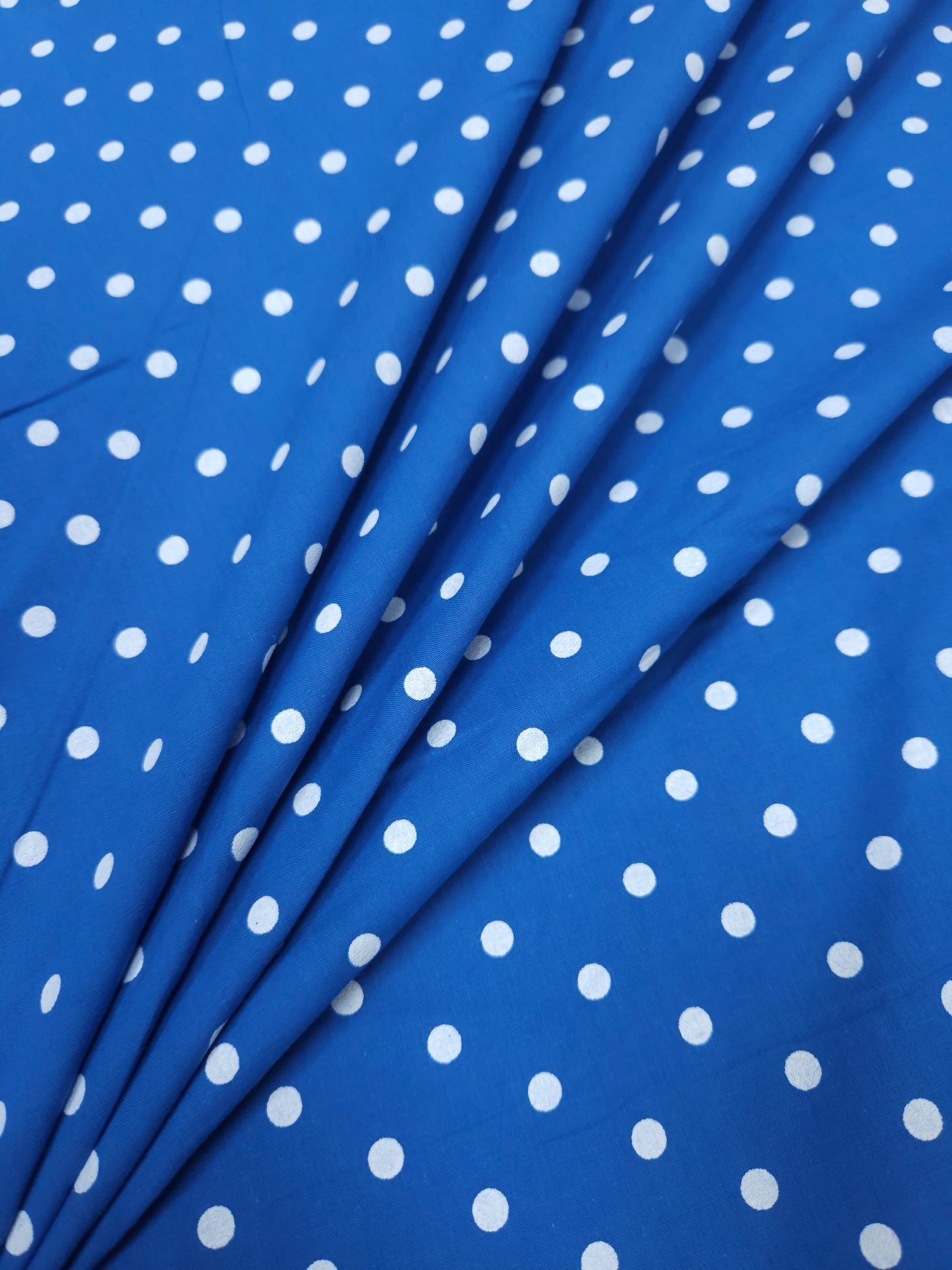 Powder Blue Cambric Cotton Fabric with White Polka Dots | 44 Inch Width