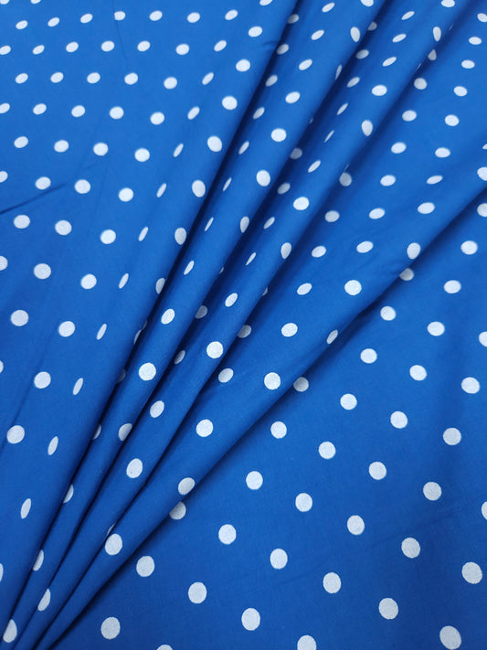Powder Blue Cambric Cotton Fabric with White Polka Dots | 44 Inch Width