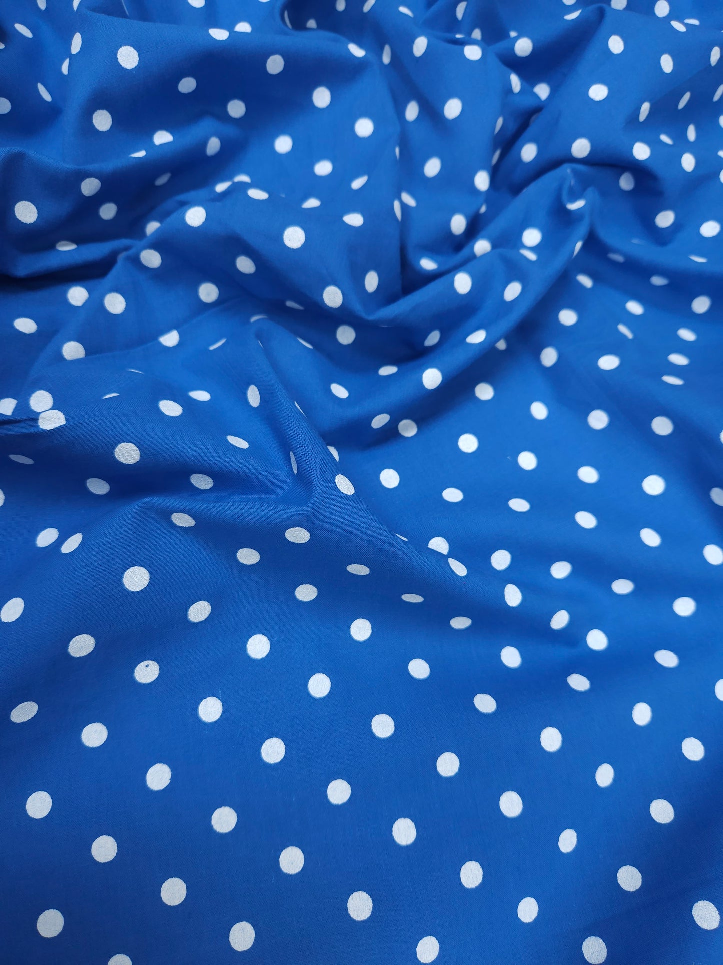 Powder Blue Cambric Cotton Fabric with White Polka Dots | 44 Inch Width