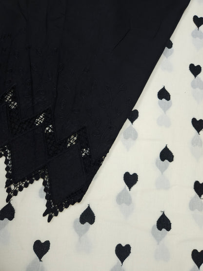 Black Heart Embroidery Cotton with Border Embroidery Suit Set