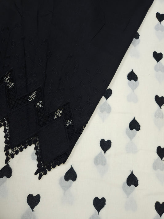 Black Heart Embroidery Cotton with Border Embroidery Suit Set