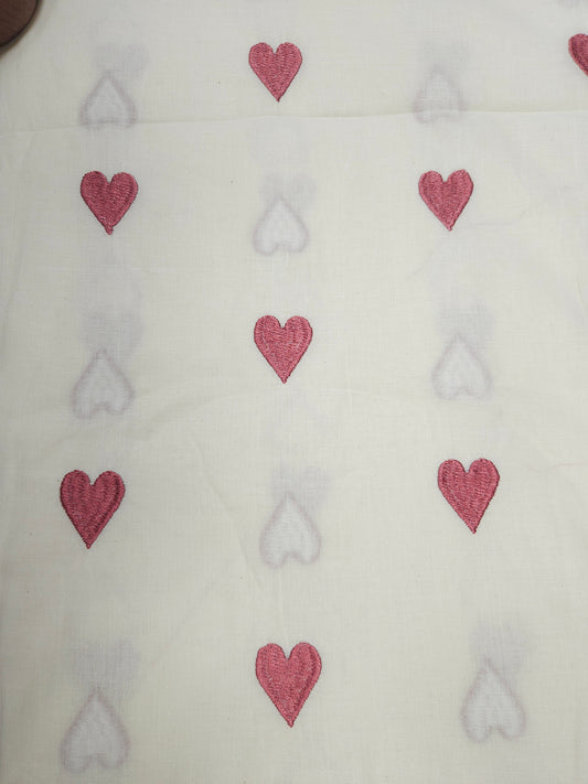 White & Dusty Rose Heart Embroidery Cotton Fabric | 44 Inch Width