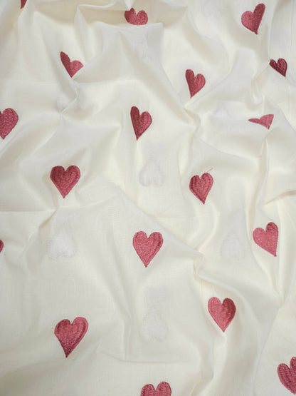 Designer White Heart Embroidery Cotton Suit Set | Border Embroidery
