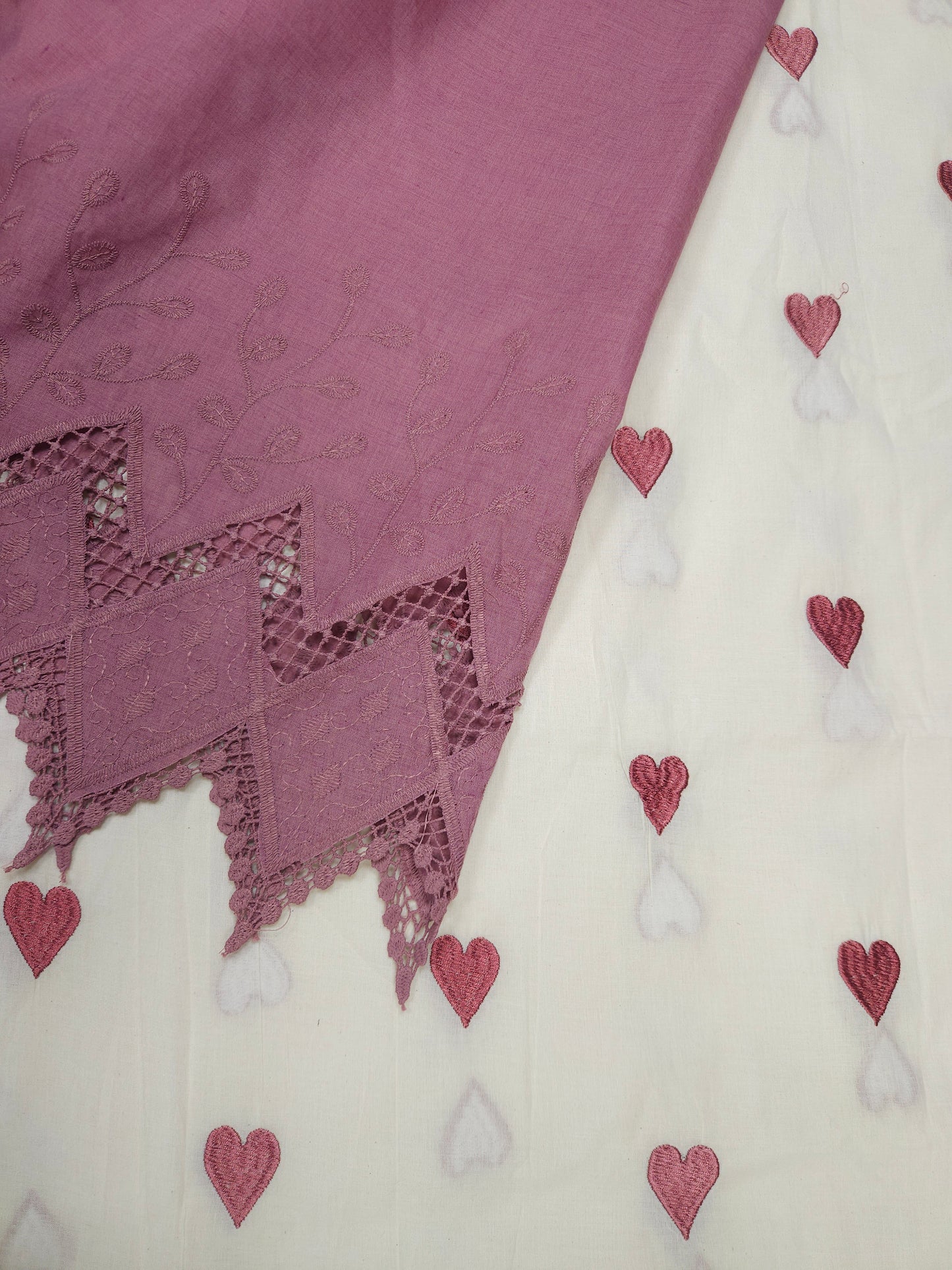 Designer White Heart Embroidery Cotton Suit Set | Border Embroidery