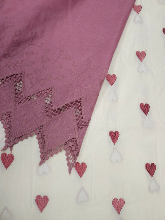 Designer White Heart Embroidery Cotton Suit Set | Border Embroidery