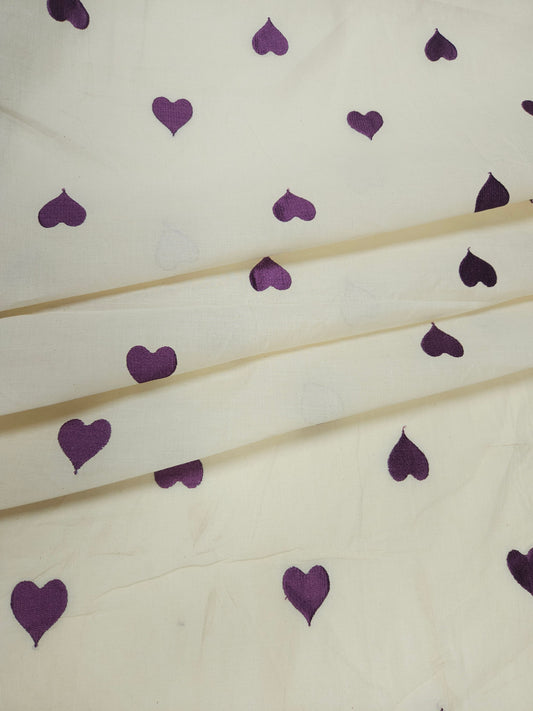 White Purple Heart Embroidery Cotton Fabric | 44 Inch Width